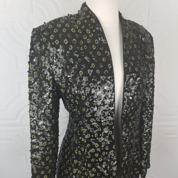 Black Sequin Beaded Evening Jacket Sequin Cocktail Blazer Gold Flower Accents S - Picture 5 of 9